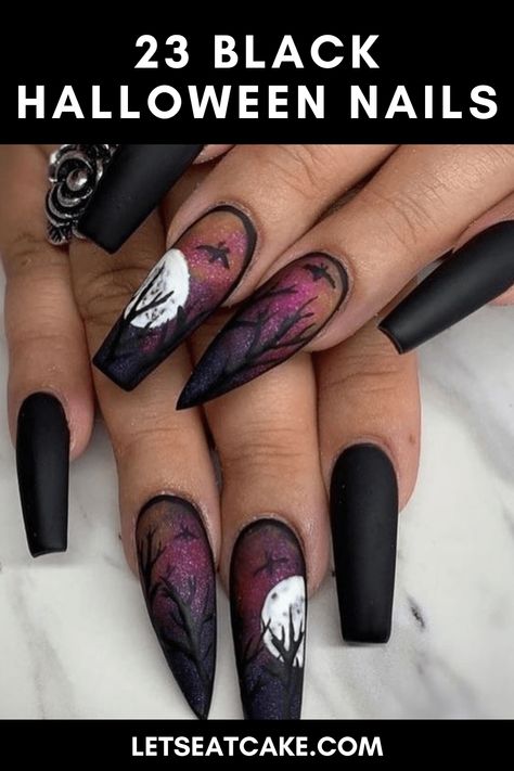 These black Halloween nails are super spooky and great for the holiday, but if you love the goth aesthetic, rock them all year round! #halloweennails #blacknails #nailideas #naildesigns Gothic Acrylic Nails Coffin, Wine Bottle Nails Designs, Spooky Wedding Nails, Valentine Nail Art Designs Unique, Nails Alternative Style, Spook Nails, Fantasy Nails Designs, Halloween Stilleto Nails, Edgy Halloween Nails