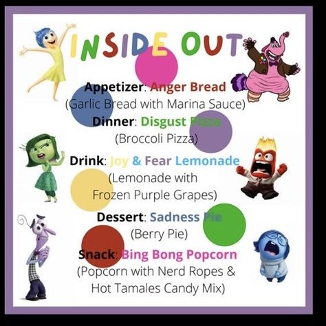 Inside Out Movie Night Ideas, Inside Out Food Ideas, Inside Out Dinner, Inside Out Dinner Theme, Inside Out 2 Movie Night, Inside Out 2 Dinner And A Movie, Inside Out 2 Movie Night Food, Inside Out 2 Dinner Theme, Disney Food Ideas