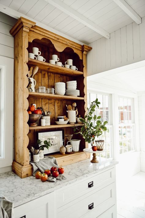 Antique Bookshelf In The Kitchen - Liz Marie Blog Antique Desk In Dining Room, Simple Rustic Kitchen Design, Furniture In The Kitchen, Turning Furniture Into Kitchen Cabinets, Kitchen Dresser Top, Antique Kitchen Storage, Cottage Style Shelves, Antique Cottage Kitchen, Cabinet Free Kitchen