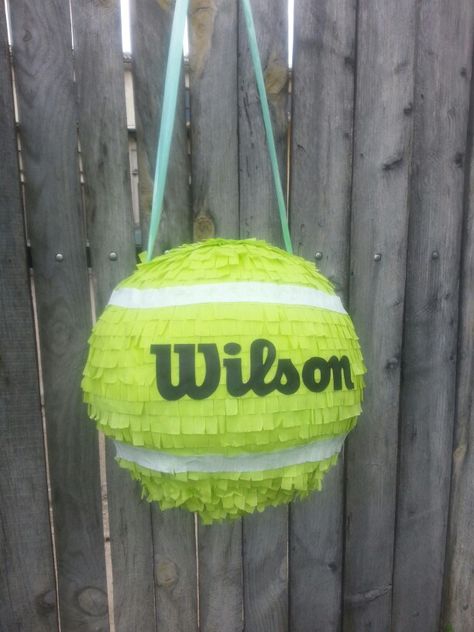 Piñatas~ tennis ball Piñata - Yes I made this one for Dad's 70th! Tennis Ball Party Decorations, Tennis Ball Pinata For Dog, Tennis Ball Themed Dog Party, Tennis Birthday Party Ideas, Surprise Tennis, Tennis Party Ideas, Tennis Themed Party, Tennis Decorations, Tennis Crafts