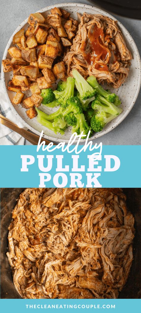 This Healthy Pulled Pork recipe is a perfect easy, clean eating weeknight dinner. Made in the slow cooker or instant pot with only a few ingredients, it's low in fat, packed with protein, and paleo / Whole30 friendly! Easily made, this BBQ pork is great for meal prep! I prefer to make this with tenderloins because it is leaner, but check the post for substitutions! Macro Friendly Pulled Pork, Pulled Pork Optavia, Whole 30 Pulled Pork Slow Cooker, Low Calorie Pulled Pork Crock Pot, Healthy Crockpot Meat, Pulled Pork Crock Pot Recipes Whole 30, Pulled Pork Slow Cooker Healthy, Pork Shoulder Recipes Healthy, Lean Protein Meals Clean Eating