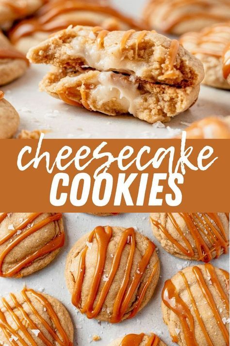 Carmel Cheesecake, Holiday Cheesecake, Drop Cookie, Christmas Cheesecake, Halloween Breakfast, Healthy Baking Recipes, Caramel Cheesecake, Filled Cookies, Cheesecake Filling