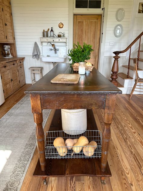 How to Turn an Antique Table into a Draper's Table Kitchen Island - Midcounty Journal Prep Tables In Kitchen, Kitchen Island Dining Table Extension, Diy Vintage Kitchen Island, Possum Belly Bakers Table, Tiny Island Kitchen, Kitchen Table As Island, Table Into Kitchen Island, Diy Kitchen Island Table, Table Island Kitchen