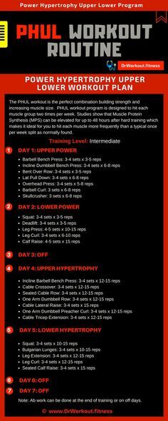 PHUL Workout Routine | Power Hypertrophy Upper Lower Workout Routine #bodybuilding #gym #workout #fitness #strength #power #hypertrophy #muscle Upper Lower Workout, Training Program Workout Routines, 4 Day Workout, Push Pull Workout, Lower Workout, Workout Sheets, Weight Training Women, Fitness Studio Training, Work Out Routines Gym