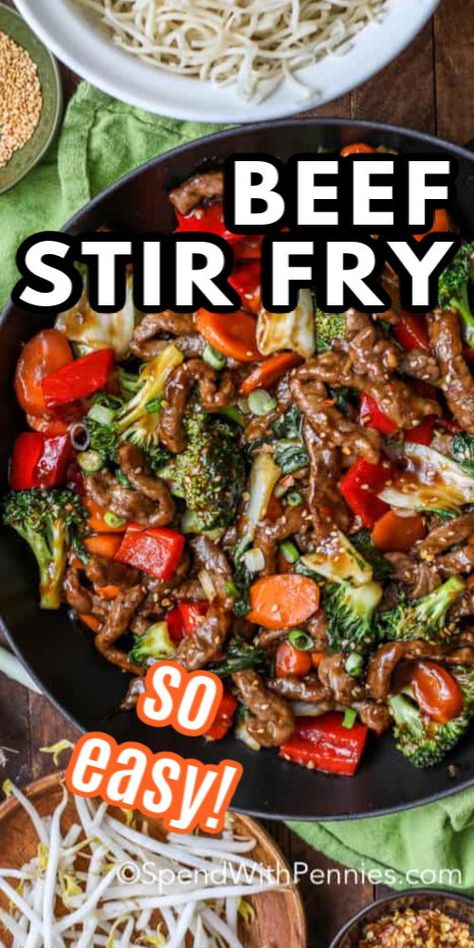 This easy beef stir fry recipe is SO much better than take out. We love making teriyaki beef stir fry when we are entertaining! #spendwithpennies #beef #stirfry #beefstirfry #easybeefstirfry #teriyaki #teriyakibeefstirfry Teryokie Beef Stir Fry, Stake Stir Fry, Beer Stir Fry Recipe, Beef Stir Fry Recipes Without Soy Sauce, Crockpot Beef Stir Fry Recipes, How To Make Beef Stir Fry, Stir Fry Recipes Beef Rice, Teriyaki Beef Stir Fry Recipes Easy, Beef Stir Fry With Rice