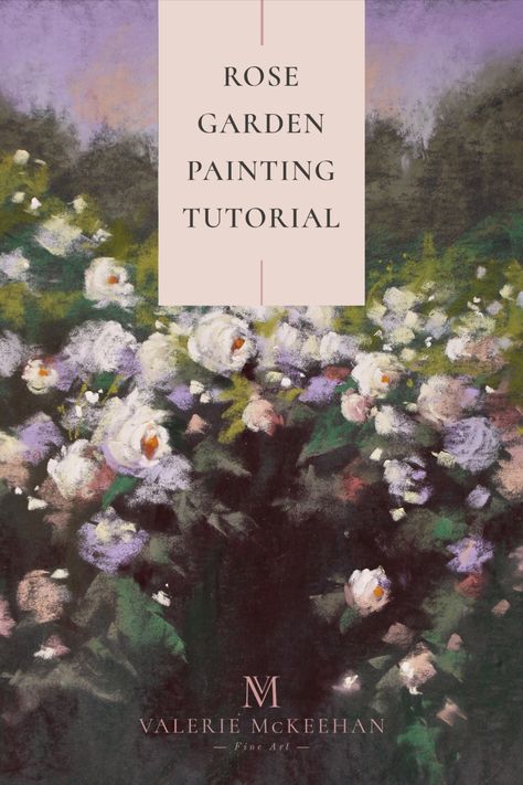 Welcome to my very first full-length soft pastel painting tutorial. I have been enamored by roses lately and recalled a memory of a magical rose garden from a visit to Longwood Gardens. I only had a simple video and a few lousy reference photos so I had to rely on my feelings to tell the story from that day. This tutorial will take you step-by-step through creating this impressionistic scene as I share my thought process. I hope you enjoy! Pastel Art Tutorial Step By Step, Soft Pastel Flowers Painting, Soft Pastel Art Tutorials Step By Step, Soft Pastel Tutorial, Soft Pastel Art Tutorials, Pastel Painting Tutorial, Pastel Landscapes, Soft Pastel Painting, Soft Pastels Drawing