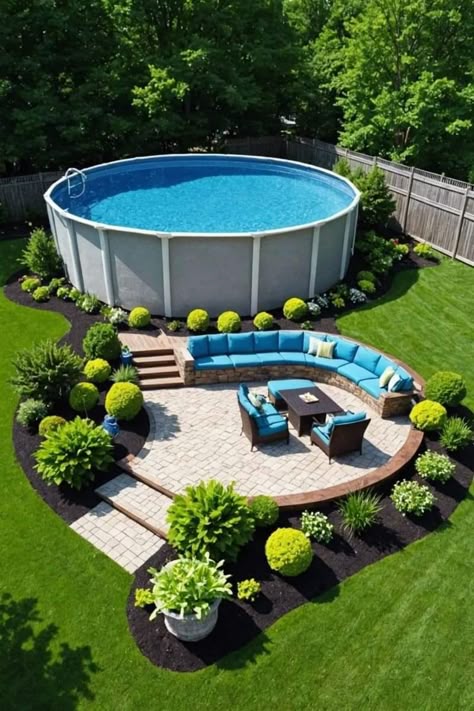 Out Ground Pool, Above Pool Landscaping Ideas, Semi In Ground Pool, Above Ground Pool Patio, Pool Decks For Above Ground Pools, Outdoor Pool Area Above Ground, Backyard Above Ground Pool Ideas, Semi Above Ground Pool, Cheap Above Ground Pool