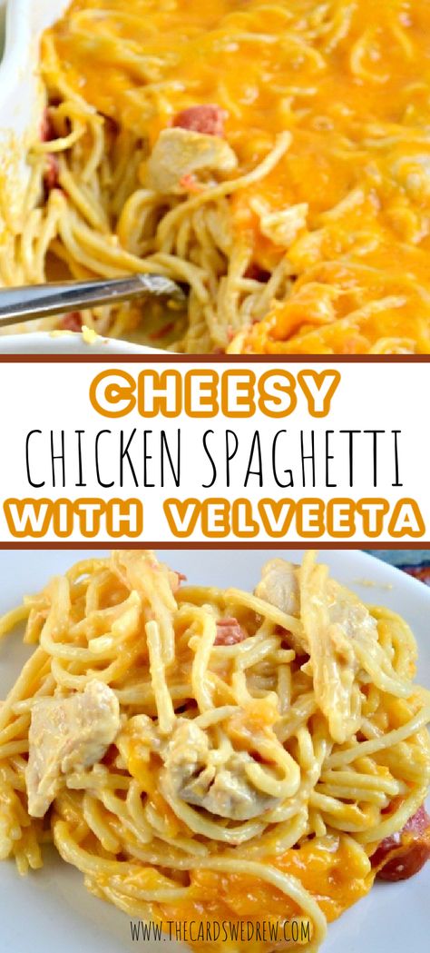 Cheese Chicken Spaghetti Recipe, Chicken Spaghetti No Cream Cheese, Baked Cheesy Chicken Spaghetti, Chicken Spaghetti Easy Velveeta, Baked Chicken Speggetti Recipes, Chicken Tetrazzini With Velveeta, Cheese Chicken Spaghetti Bake, Chicken Cheese Spaghetti Velveeta, Make Ahead Chicken Spaghetti