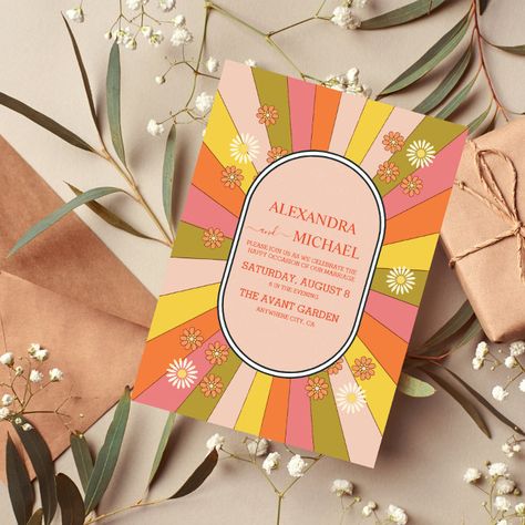 Funky Wedding Invitations, Retro Wedding Theme, Funky Wedding, Retro Wedding Invitations, Colorful Invitations, Wedding Anniversary Invitations, Anniversary Invitations, Retro Groovy, Retro Wedding