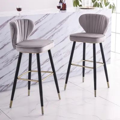 Velvet Bar Stools, Grey Bar Stools, Marble Bar, Classic Interiors, Bar Stools With Backs, Stools With Backs, Wood Bar Stools, Kitchen Design Decor, Modern Bar Stools