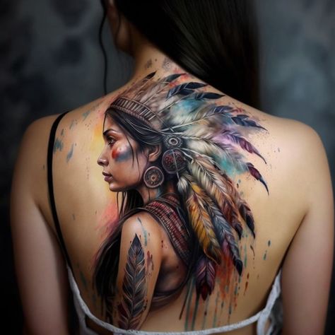 Back Woman Tattoo, Chest Tattoo Lettering, Indian Women Tattoo, Native Indian Tattoos, Indian Girl Tattoos, Thigh Piece Tattoos, Black And White Flower Tattoo, Indian Tattoo Design, Indian Feather Tattoos