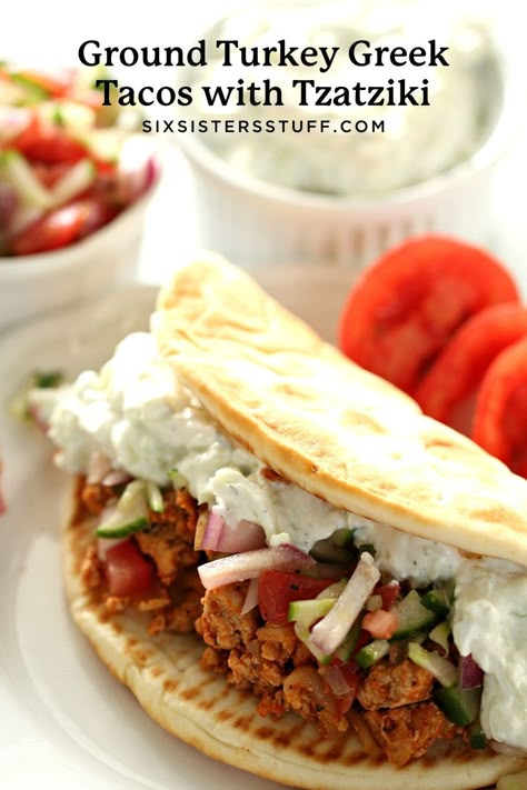 Ground Turkey Greek Tacos with Tzatziki Recipe How To Make Ground Turkey Taste Better, Ground Turkey Wraps, Ground Turkey Greek, Greek Ground Turkey, Greek Tacos, Turkey Tacos Recipes, Ground Turkey Tacos, Tzatziki Recipes, Six Sisters Stuff