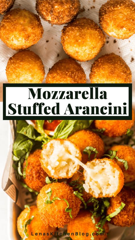 Mozzarella Arancini (Fried Risotto Balls) is a Sicilian delight. Homemade risotto balls are stuffed with mozzarella before being deep fried and served with warm tomato sauce. It’s the cheesy Italian appetizer you need in your life! Risotto Balls Recipes, Mozzarella Arancini, Arancini Recipe Italian, Homemade Risotto, Fried Risotto Balls, Mozzarella Balls Recipe, Fried Appetizers, Risotto Balls, Arancini Recipe