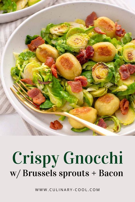 Crispy Gnocchi with Brussels sprouts and Bacon Roasted Gnocchi And Brussel Sprouts, Crispy Gnocchi, Brussels Sprouts Bacon, Brussels Sprouts And Bacon, Sprouts And Bacon, One Skillet, Sprouts With Bacon, Sprout Recipes, Savoury Recipes