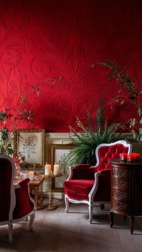 Immerse yourself in a luxurious interior scene adorned with stunning red wallpaper featuring intricate floral patterns. Bathed in warm lighting, this inviting room showcases vintage furniture, elegant decor, and rich textures. A touch of greenery offers a refreshing contrast, enhancing the overall cozy ambiance. Perfect for those seeking inspiration for home decor, interior design, and aesthetic living spaces. Color Wheel Projects, Black Living, Cozy Interiors, Luxurious Interior, Black Living Room, Warm Lighting, Cozy Ambiance, Red Walls, Wallpaper Decor