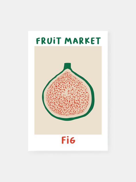 This "Fruit Market Fig" poster lets you feel like you're in a new food market. It has a simple design of a fig in light red and green with spots of orange and beige. The poster gives off an energetic and simple feel. With its plain graphics and abstract picture, it adds a unique blend to any wall of pictures or modern room. Green Abstract Wall Art, Fruit Poster Design, Simple Wall Art Painting, Fig Illustration, Fig Painting, Fig Art, Fig Drawing, Minimalistic Painting, Abstract Fruit