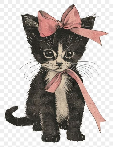 Cute Vintage Cat Illustration, Cats Vintage Aesthetic, Vintage Kitten Drawing, Cute Kittens Drawing, Retro Cat Illustration, Cat Drawing Vintage, Cat Vintage Illustration, Vintage Cat Drawing, White Cat With Pink Bow