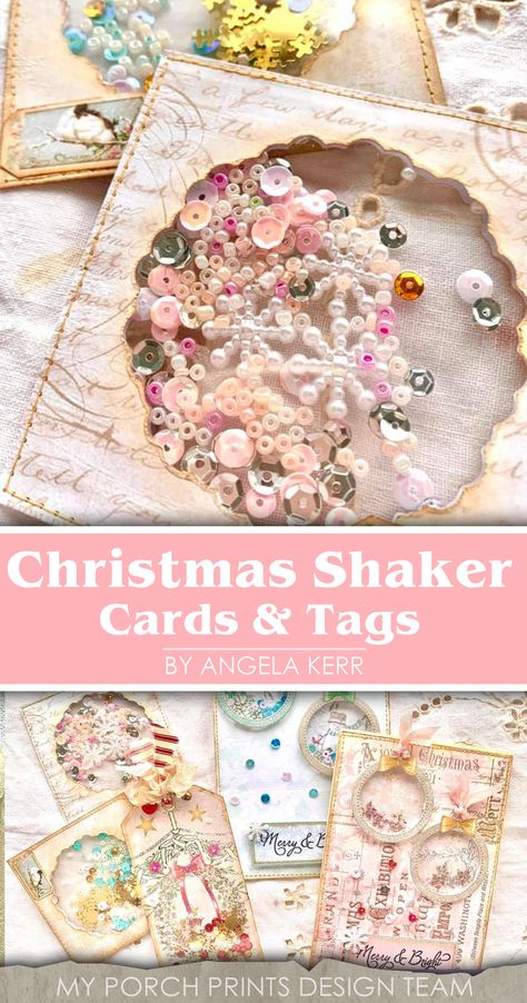 Vintage Christmas Gift Tags Diy, Christmas Atc Cards, Angela Kerr Designs, Christmas Shaker Cards Handmade, Sizzix Christmas Cards Ideas, Shaker Christmas Cards, Shaker Cards Ideas, Tags Ideas Handmade, Shaker Gift Tags