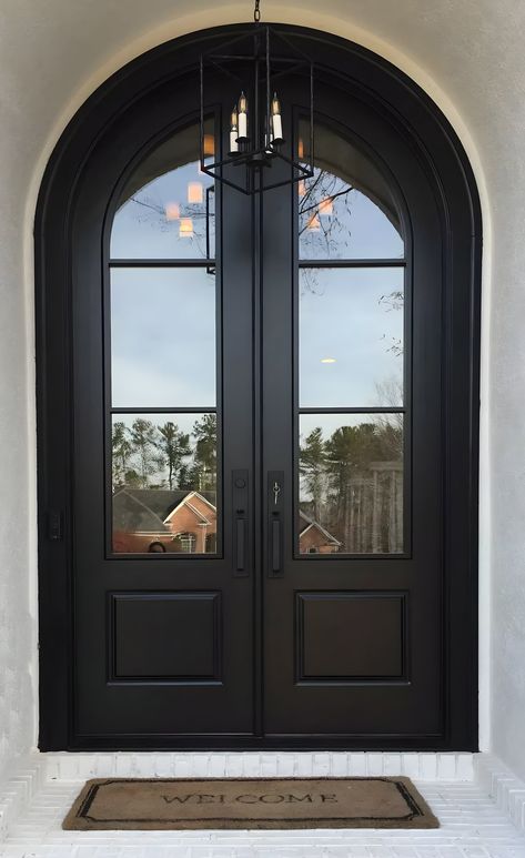 Custom Modern French Arched Double Entry Doors 3 Lite French Door Back Door, Double Doors Master Suite, Big Double Doors Entrance House, Large Double Front Doors, Arched Double Doors Entrance, Arched Door Ways, Modern French Home Design, Exterior Home Inspiration, Arched Doors Entrance