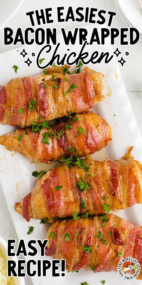 This yummy bacon-wrapped chicken is juicy and full of flavor thanks to the seasonings, maple syrup glaze, and crispy bacon. Baked Bacon Wrapped Chicken, Chicken Bacon Recipes, Delicious Entrees, Maple Syrup Glaze, Bacon Wrapped Chicken Breast, Recipe Crockpot, Chicken Bacon Ranch Casserole, Chicken Breast Recipes Baked, Bacon Chicken