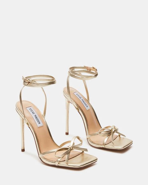 ENVIOUS Gold Leather Strappy Square Toe Heel | Women's Heels – Steve Madden High Heels For Girls, Hoco Heels, Hoco Shoes, Gold Strappy Heels, Cute Homecoming Dresses, Prom Heels, Bridesmaid Shoes, Dressy Fashion, Bow Heels