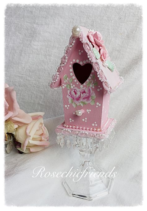 Sweetest shabby chic pink birdhouse with my signature roses..Lorena of Rosechicfriends Pink Birdhouse, Tree Mirror, Dollar Tree Mirrors, April Easter, Decorative Bird Houses, Cute Bird, Shabby Chic Pink, Shabby Chic Diy, My Signature