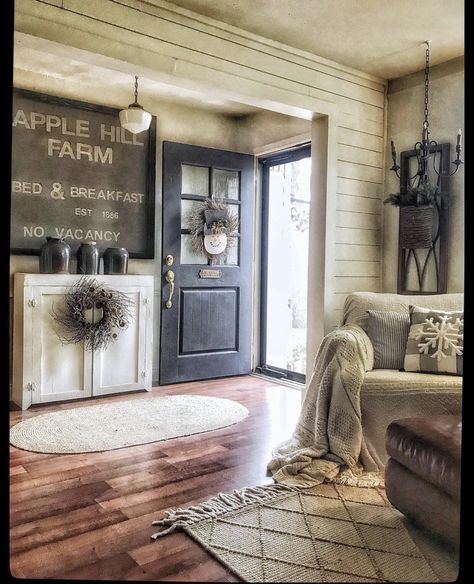 Fancy Farmhouse Living Room, Farmhouse Entryway Into Living Room, Mobile Home Walls Makeover Living Room, Farmhouse Living Room Trailer, Dark Living Rooms Cozy, Mobile Home Walls Makeover, Old Farmhouse Living Room, Mountain Home Living Room, Rustic Split Level Entryway