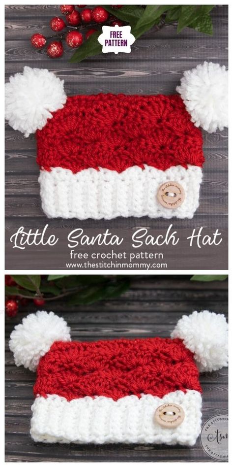 Crochet Christmas Elf Hats Free Patterns, Crochet Holiday Hats Free Pattern, Crochet Sack Hat, Crochet Fun Hats Free Pattern, Crochet Christmas Headband, Size 5 Yarn Crochet Patterns, Crochet Christmas Hat, Crocheted Santa, Baby Christmas Hat