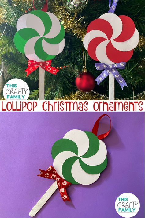 Simple and easy to make lollipop Christmas ornament craft for kids. these handmade Xmas decorations are budget friendly and are Suitable for preschoolers, young children and preteens. theyre also super easy to mass produce which makes them perfect for groups such as schools, after school club and kids craft clubs! Christmas Crafts Lolipop, Peppermint Ornaments For Kids, Easy Class Christmas Ornaments, Candyland Crafts For Preschoolers, Low Prep Christmas Crafts For Kids, Easy Christmas Crafts For Kids At School Diy Ornaments, Diy Lollipop Decorations Christmas, Popsicle Stick Crafts For Christmas, Candy Land Crafts For Kids