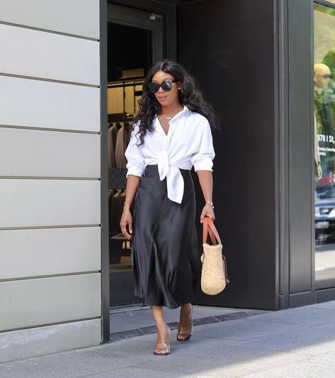 Styling Satin Skirt Summer, Long Black Satin Skirt Outfit Casual, White Shirt And Midi Skirt Outfit, Black Midi Skirt Satin, Long Satin Button Down Shirt Outfit, Slip Dress And Shirt Outfit, Silk Dress Button Down, Button Down Shirt Outfit With Skirt, Summer Black Satin Skirt Outfit