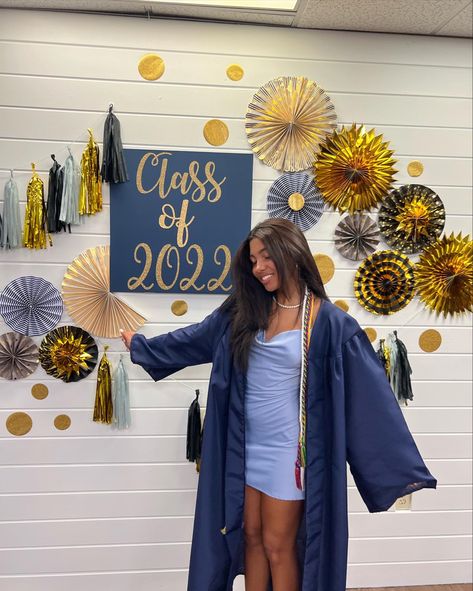 Blue Grad Gown And Cap, Graduation Dress With Blue Cap And Gown, Royal Blue Cap And Gown Graduation, Navy Blue Graduation Gown And Cap, Navy Cap And Gown Graduation Outfit, Dresses Under Graduation Gown, Navy Blue Cap And Gown Graduation Outfit, Blue Graduation Gown Outfits, Under Graduation Gown Outfit