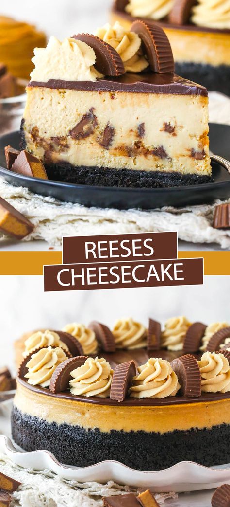 With peanut butter and Reese’s cups in the filling and a chocolate ganache layer on top, this Reese’s Cheesecake recipe is full of chocolate-y peanut butter goodness. If you love Reese’s cups, you won’t be able to resist this cheesecake! Cheesecake Peanut Butter Cup, Chocolate And Peanut Butter Cheesecake, Peanut Butter Dessert Ideas, Recipes Using Reese’s Peanut Butter Cups, Reese Peanut Butter Cheesecake, Reese’s Peanut Butter Cup Cheesecake Recipes, Reese’s Peanut Butter Cheesecake, Reese’s Cheesecake, Reese Cheesecake