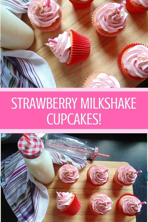 Strawberry Milkshake Cupcakes - Maverick Baking Flavoured Cupcakes, Cupcake Flavours, Milkshake Cupcakes, Frost Cupcakes, Cupcake Flavors, Strawberry Cupcakes, Strawberry Milkshake, Cupcake Frosting, Strawberry Milk