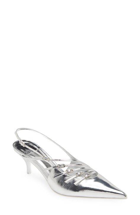 Six adjustable straps adds maximalism to a glossy pointy-toe pump set on a modest kitten heel. 2 3/4" heel (size 8.5) Adjustable slingback strap with buckle closure; adjustable straps with buckle closures Leather upper, synthetic lining, rubber sole Imported Lisa Outfit, Silver Kitten Heels, Future Costume, Kitten Heel Sandals, Maximalism, Heel Sandal, Kitten Heel, Sandal Women, Jeffrey Campbell