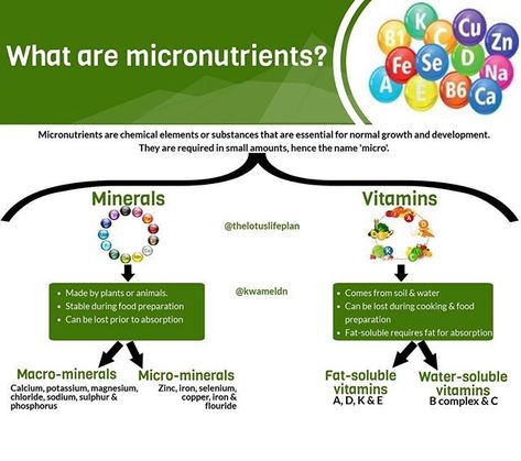 Micronutrients are chemical elements or substances that are essential for growth and development. They are required in small amounts which is why they are named “micro”minerals. Consuming excess amounts (usually through supplements) can result in side effects. - Vitamins and minerals make up the micronutrients. Both are essential for health. However there are a few differences between the two. - All vitamins are essential in our diet. However, not all minerals are essential. For example, lead is Macro Minerals, Anti Nutrients, Vitamin K Deficiency, Body Vitamins, Chemical Elements, All Vitamins, Micro Nutrients, Vitamin B Complex, Homeschooling Ideas