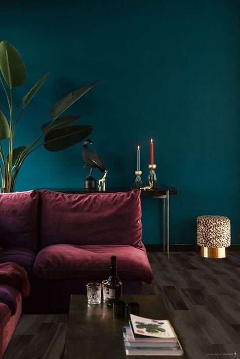 Dark Teal Living Room, Peacock Room Decor, Moody Paint Colors, Moody Paint, Moody Room, Burgundy Living Room, Teal Rooms, Teal Interiors, Teal Living Rooms