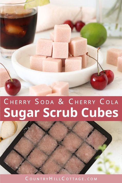 How to make cherry-scented summer sugar scrub cubes with natural ingredients. The individually sized DIY sugar scrub recipes come with unique scents cherry soda and cherry cola, essential oils that smell like summer. Each sugar cube is made with coconut oil, melt and pour soap base, shea butter and granulated sugar. These single use exfoliating body polishing cubes are great for silky summer legs and handmade gift ideas. #sugarscrub #essentialoils #scrubcubes #bodyscrub | countryhillcottage.com Smell Like Summer, Body Polishing, Bath Truffles, Melt And Pour Soap Base, Diy Body Scrub Recipes, Diy Sugar Scrub, Sugar Scrub Cubes, Fun Scrubs, Cherry Soda