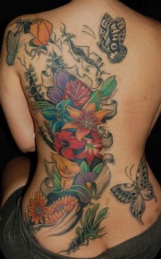 Back Tattoos With Color, Colorful Back Tattoos For Women, Color Back Tattoo, Side Tattoos Women, Floral Back Tattoos, Stomach Tattoos Women, Bright Tattoos, Tattoos To Cover Scars, Mommy Tattoos