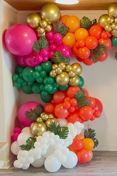 Tropical Theme Balloons Garland Kit with Green Hot Pink Metallic Gold Balloon Palm Leaves for Summer Baby Shower Birthday Luau Party Ideas Balloons, Tropical Party Balloon Arch, Tropical Theme Birthday Party Decor, Lime Party Decorations, Tropical Balloon Backdrop, Tropical Party Balloons, Tropical Theme Decorations, Bachelorette Party Ideas Tropical, Tropical Balloon Decorations