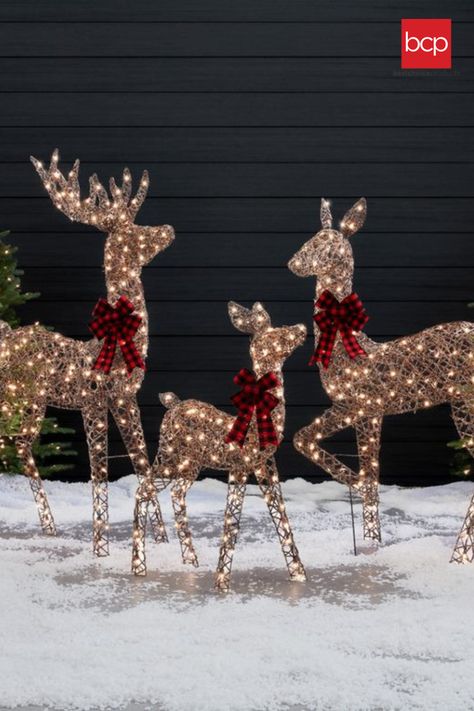 Lighted Reindeer Outdoor Christmas, Light Up Reindeer Outdoor, Light Up Deer Christmas Outside, Christmas Deer Decorations Outdoor, Outdoor Reindeer Decorations, Reindeer Yard Decorations, Christmas Deer Outdoor, Christmas Lawn Decorations Front Yards, Christmas Yard Ornaments