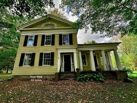 Save This Old c.1850 Greek Revival - New York Fixer Upper Farmhouse For Sale on 2.6 Acres Under $50K - Old Houses Under $50K Fixer Upper Farmhouse, Old Houses For Sale, Wide Plank Flooring, Greek Revival, Old Barn, Wide Plank, Detached Garage, Plank Flooring, Large Homes