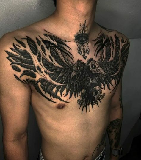 Crow Tattoo Neck Men, 2 Headed Crow Tattoo, Crow Tattoos Men, Crow Tattoo On Chest, Crow Tattoo On Shoulder, Blackwork Crow Tattoo, Crow Chest Tattoo For Men, Chest Crow Tattoo, Two Headed Crow Tattoo