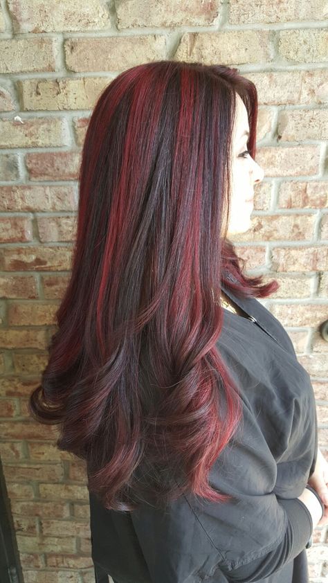 Red chunky highlights                                                                                                                                                                                 More Black Hair With Red Highlights, Black Red Hair, The Trend Spotter, Chunky Highlights, Hair With Highlights, Woman Hairstyles, Balayage Hair Dark, Black Hair With Highlights, Red Highlights