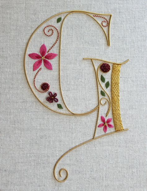 embroidered G Gold Work Embroidery, Alfabet Letters, Embroidery Letters, Embroidery Monogram, Needlework Embroidery, Embroidered Monogram, 자수 디자인, Silk Ribbon Embroidery, Crewel Embroidery