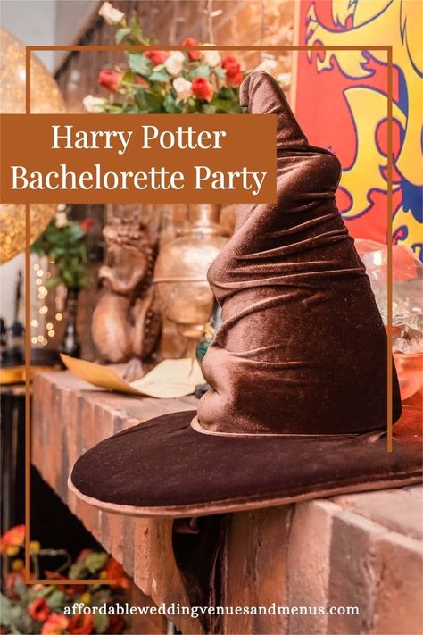 Wizard hat sitting on top of a fireplace mantle Affordable Bachelorette Party Ideas, Diy Butterbeer, Backyard Wedding Reception Tent, From Muggle To Mrs, Harry Potter Movie Marathon, Muggle To Mrs, Wedding Reception Food Buffet, Backyard Wedding Bar, Harry Potter Bachelorette Party