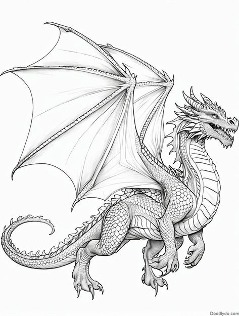 Unleash your inner artist and color these beautiful dragons! Choose from a variety of designs, including fierce fire-breathing dragons, majestic sea dragons, and wise guardian dragons. Let your imagination run wild and create your own unique dragon…#Dragons_Realistic #Dragon_Colouring_Pages #Realistic_Coloring_Pages #Realistic_Dragon_Drawing How To Draw Dragon Wings, Dragons Realistic, Dragon Colouring Pages, Pyrography Patterns Free, Dragon Tattoo Realistic, Realistic Dragon Drawing, Animation Tattoo, Dragons Drawing, Beautiful Dragons