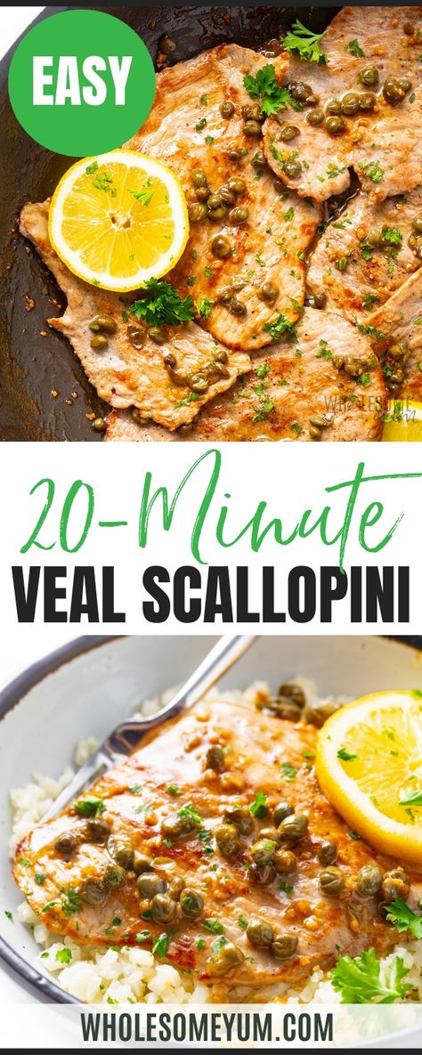 Veal ScallopiniCreamy Mushroom Chicken Tuscan Salmon Smothered Pork Chops Chicken Florentine  - When you can’t decide between chicken or beef, try my veal scallopini recipe! I made this as a twist on my chicken piccata. It’s coated with lemony white wine and caper sauce just the same, but this time with thinly sliced veal cutlets. Think classic bright and buttery vibes like the chicken version, except more flavorful. And even though it takes just 20 minutes, this dish always works for a fancy oc Veal Scallopini Recipes Mushrooms, Veal Scallopini Recipes Simple, Pork Chop Scallopini, Chicken Scallopini With Mushrooms, Veal Cutlets Recipes, Scallopini Pork, Beef Scallopini Recipe, Venison Cutlets Recipes, Veal Recipes Cutlets