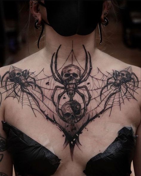 @apso_tattoo | tattoo by Sebastien Bales | #TattooIdeas #TattooDesigns #InkInspiration #TattooArt #TattooInspo #TattooLovers #InkAddict #TattooWorld #TattooCulture #TattooLife #TattooLove #TattooArtist #TattooStyle #TattooTrends Goth Blackwork Tattoo, Blackwork Chest Tattoo Woman, Gothic Chest Piece Tattoo, Scary Chest Tattoo, Creepy Chest Tattoos, Decorative Chest Tattoo, Dark Chest Tattoos For Women, Women's Chest Tattoo, Woman’s Chest Tattoo