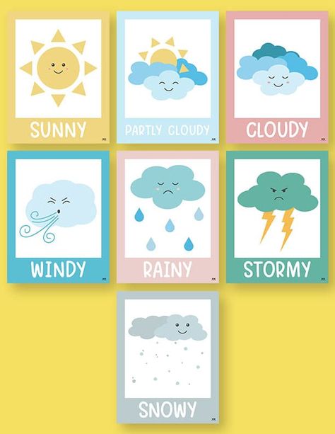 Choose from 50 unique weather worksheets and printables to both learn the weather and display it in your classroom. 100% FREE! Print from home! Todays Weather Is Free Printable, Weather Flashcards Printable Free, Printable Weather Cards, Weather Symbols For Kids, Weather Prek, Preschool Weather Chart, Weather Printables, Prek Science, Weather For Kids