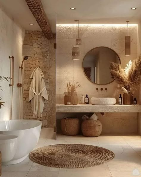 Natural Style Bathroom, Bad Boho Style, Scandanavian Interiors Bathrooms, Bathroom Boho Ideas, Hygge Bathroom Ideas, Neutral Modern Bathroom, Bathroom Natural Wood, Natural Bathroom Ideas, Bad Boho